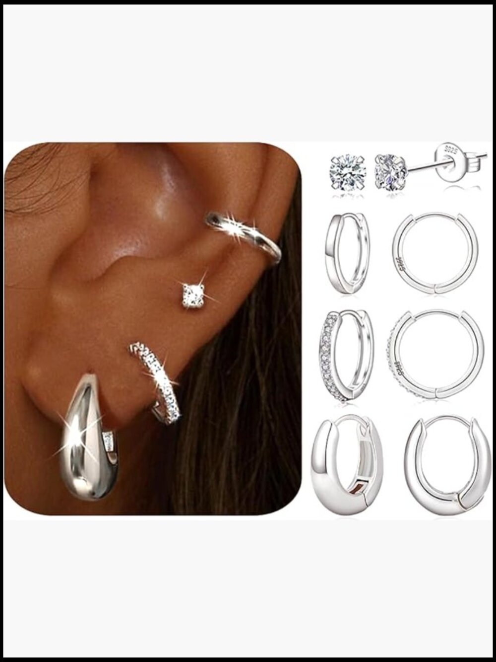 Silver Hoop Earrings Set 4 Pairs Hypoallergenic Sterling Silver Huggie Hoops